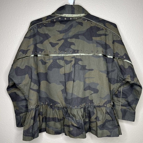 Joie Samia Camo Fatigue Ruffle Hem Peplum ¾ Sleeves Button Up Cargo Jacket Sz S - Picture 10 of 11